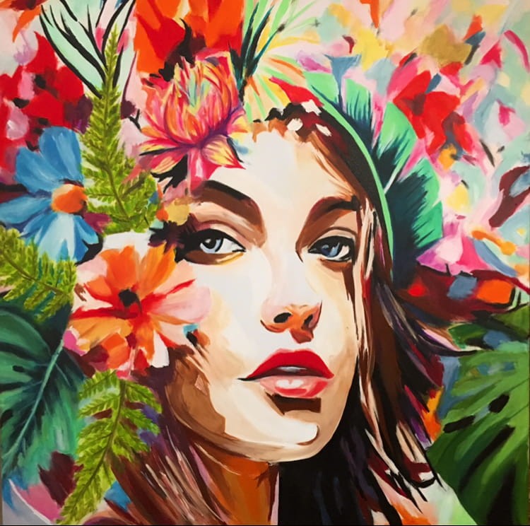 kwiatowy obraz - portret - malarska strefa  - twarz kobiety - portret kobiety - kolorowy portret - obraz na prezent - portret na prezent - obraz na ścianę - kwiaty - obraz do sypialni - obraz do salonu - obraz do pokoju - nowoczesny obraz.jpeg