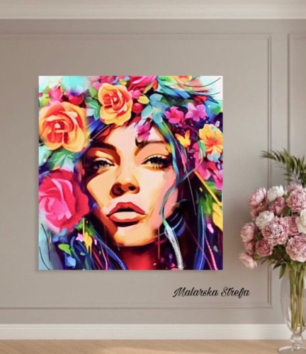 kwiatowy obraz - portret - malarska strefa  - twarz kobiety - portret kobiety - kolorowy portret - obraz na prezent - portret na prezent - obraz na ścianę - kwiaty - obraz do sypialni - obraz do salonu - obraz do pokoju - nowoczesny obraz.jpeg