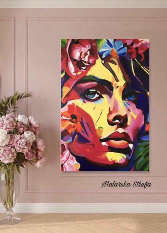 kwiatowy obraz - portret - malarska strefa  - twarz kobiety - portret kobiety - kolorowy portret - obraz na prezent - portret na prezent - obraz na ścianę - kwiaty - obraz do sypialni - obraz do salonu - obraz do pokoju - nowoczesny obraz.jpeg