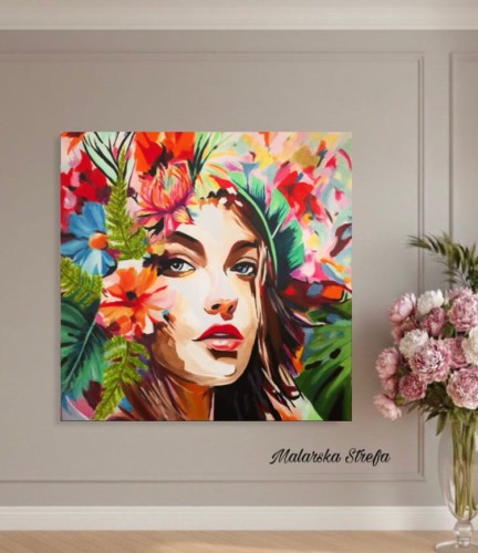 kwiatowy obraz - portret - malarska strefa  - twarz kobiety - portret kobiety - kolorowy portret - obraz na prezent - portret na prezent - obraz na ścianę - kwiaty - obraz do sypialni - obraz do salonu - obraz do pokoju - nowoczesny obraz.jpeg