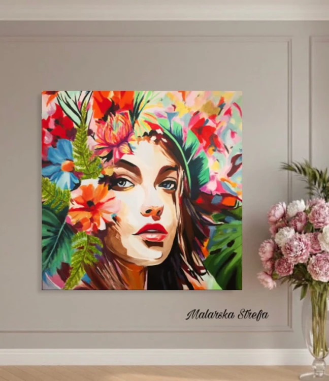 kwiatowy obraz - portret - malarska strefa  - twarz kobiety - portret kobiety - kolorowy portret - obraz na prezent - portret na prezent - obraz na ścianę - kwiaty - obraz do sypialni - obraz do salonu - obraz do pokoju - nowoczesny obraz.jpeg